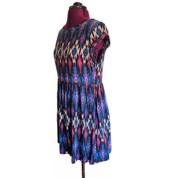 Atmosphere Aztec Geometric Blue and Pink A-line Resort Midi Dress - Picture 3 of 13